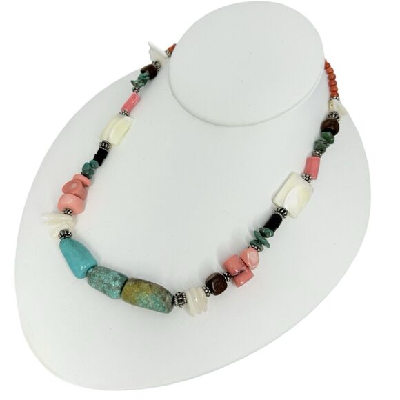 925 Sterling Silver Turquoise Necklace 18.5"   Beaded Coral Accents - Picture 3 of 14